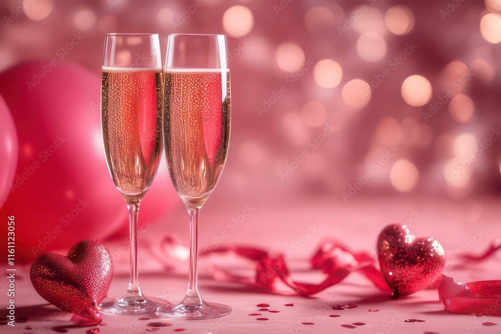 Two champagne flutes with sparkles, surrounded by hearts and balloons, celebrating love. Two champagne flutes with sparkles, surrounded by hearts and balloons, celebrating love.
