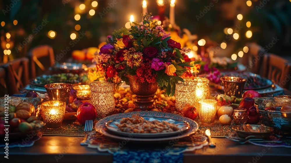 Elegant Dinner Table with Candlelight and Floral Arrangement at Night Elegant Dinner Table with Candlelight and Floral Arrangement at Night