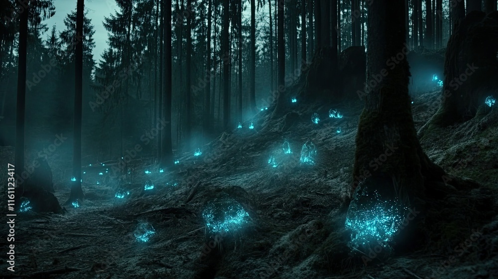 Fototapeta premium Ethereal blue lights illuminate a dark, mossy forest floor.