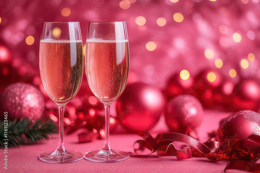 Two glasses of sparkling ros? on a festive table with pink decorations and ornaments. Two glasses of sparkling ros? on a festive table with pink decorations and ornaments.