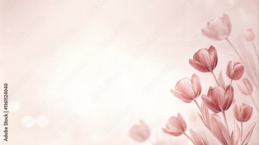 Fototapeta premium Soft pink floral background with tulips and copy space for text