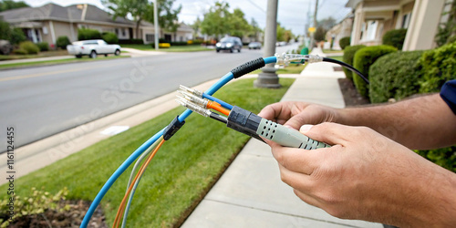 A close-up of a fiber optic cable being installed, with the technician carefully handling the delicate strands of the cable.