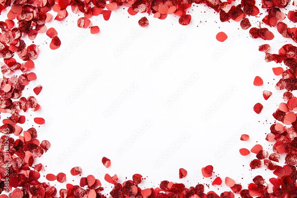 Red glitter heart confetti border on white background. Perfect for Valentine's Day or romantic designs. Red glitter heart confetti border on white background. Perfect for Valentine's Day or romantic designs.