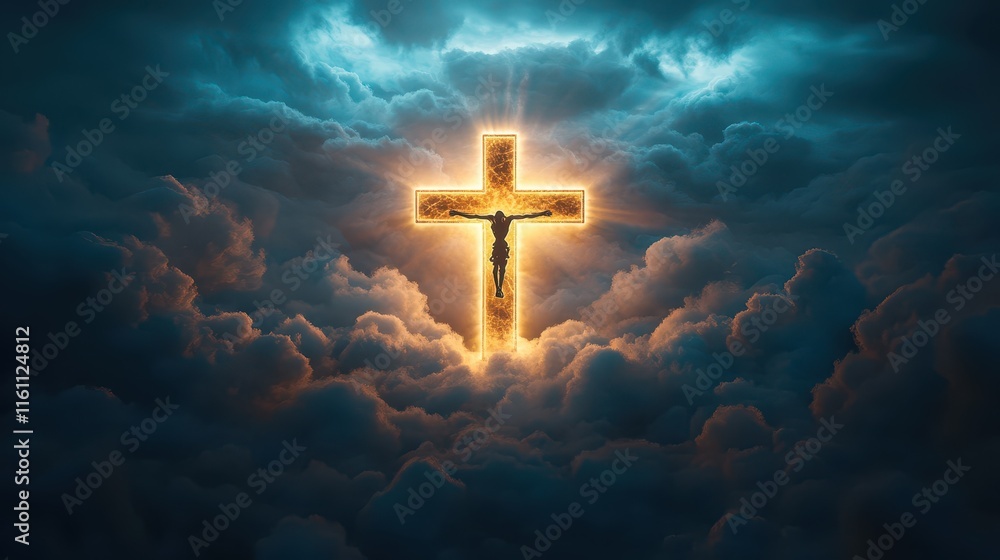 Glowing cross illuminated within dark clouds at twilight Glowing cross illuminated within dark clouds at twilight