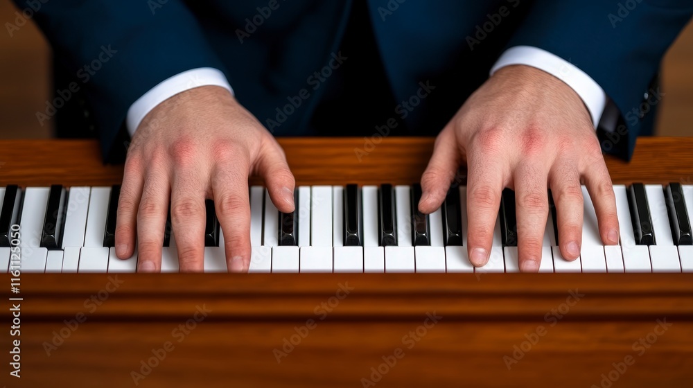 Obraz premium Hands Playing Piano Keys Close Up in Elegant Setting