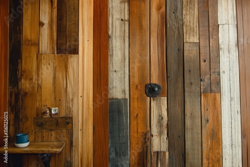 A wooden wall with various textures, accompanied by a small table and a blue cup.