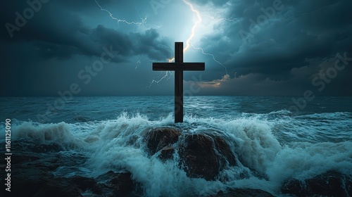 Wooden Christian cross stands firm against turbulent ocean waves under dramatic stormy sky