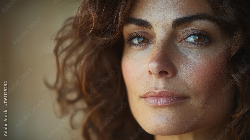 Portrait of a Caucasian woman with curly brown hair and an expressive gaze Portrait of a Caucasian woman with curly brown hair and an expressive gaze