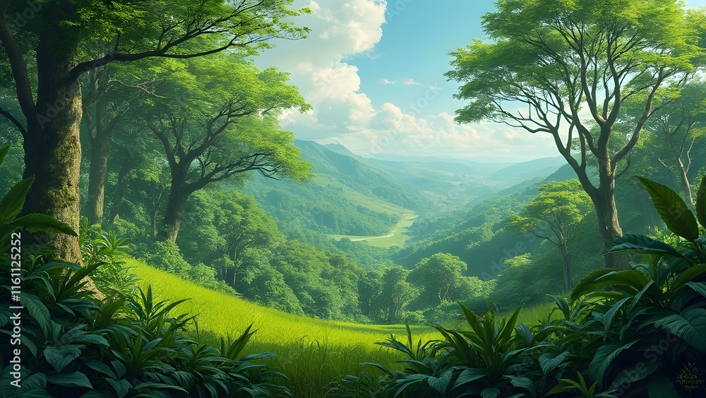 Naklejka premium Lush Vibrant Terrestrial Ecosystem, Rolling Hills, Emerald Forests, Towering Trees, Sunlight Filtering Through Delicate Leaves