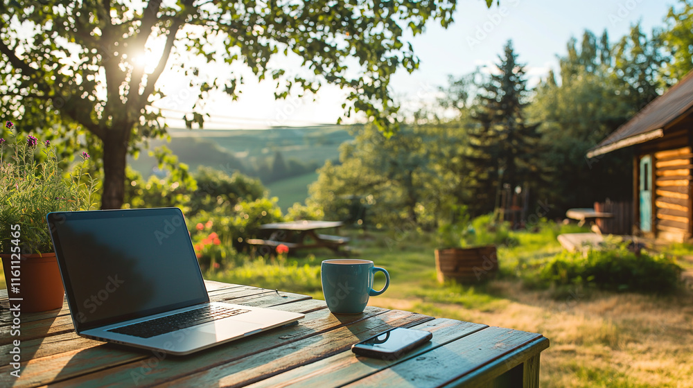 Fototapeta premium Remote Work Setup with Scenic Mountain View