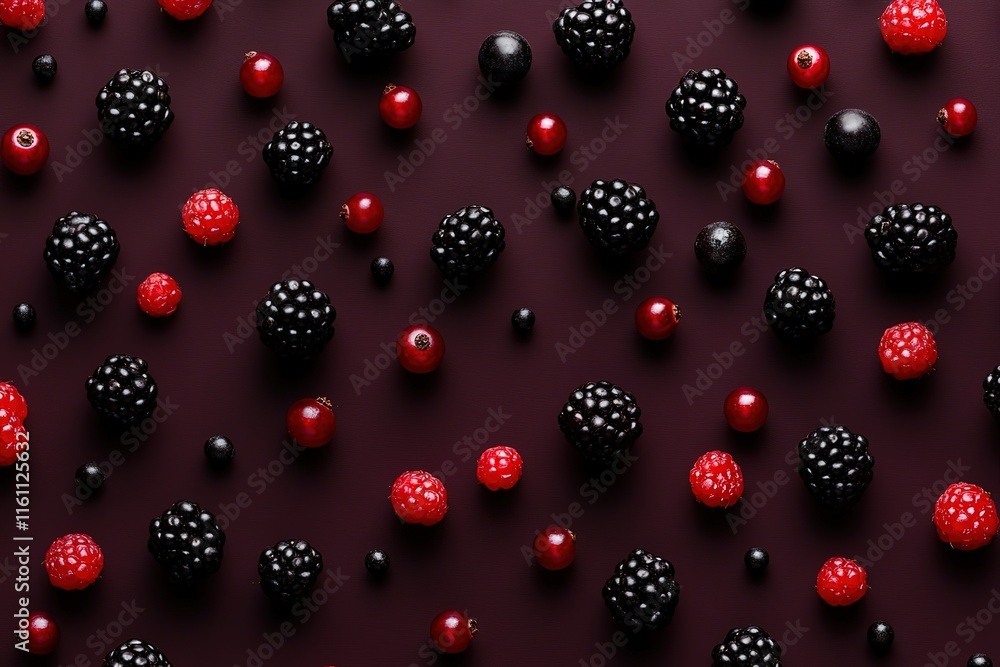 A vibrant mix of red and dark berries arranged on a deep burgundy background. Perfect for food blogs, packaging, or culinary themes. A vibrant mix of red and dark berries arranged on a deep burgundy background. Perfect for food blogs, packaging, or culinary themes.