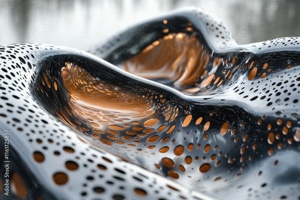 Fototapeta premium Water droplets reflecting light on a textured surface creating an abstract design in a close-up view