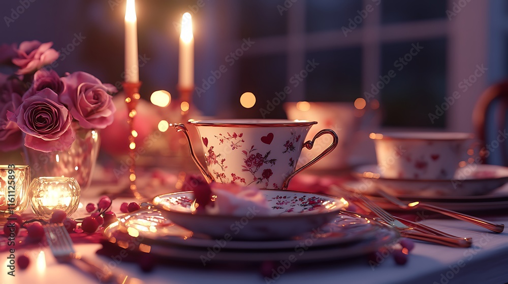 Fototapeta premium A picturesque Valentine's Day dinner table with fine china, rose gold cutlery, and candlelight flickering.