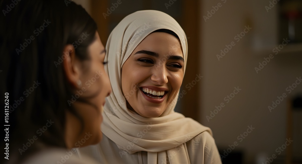 Two women bonding warmly with embrace wearing traditional and colorful scarf during eid Two women bonding warmly with embrace wearing traditional and colorful scarf during eid