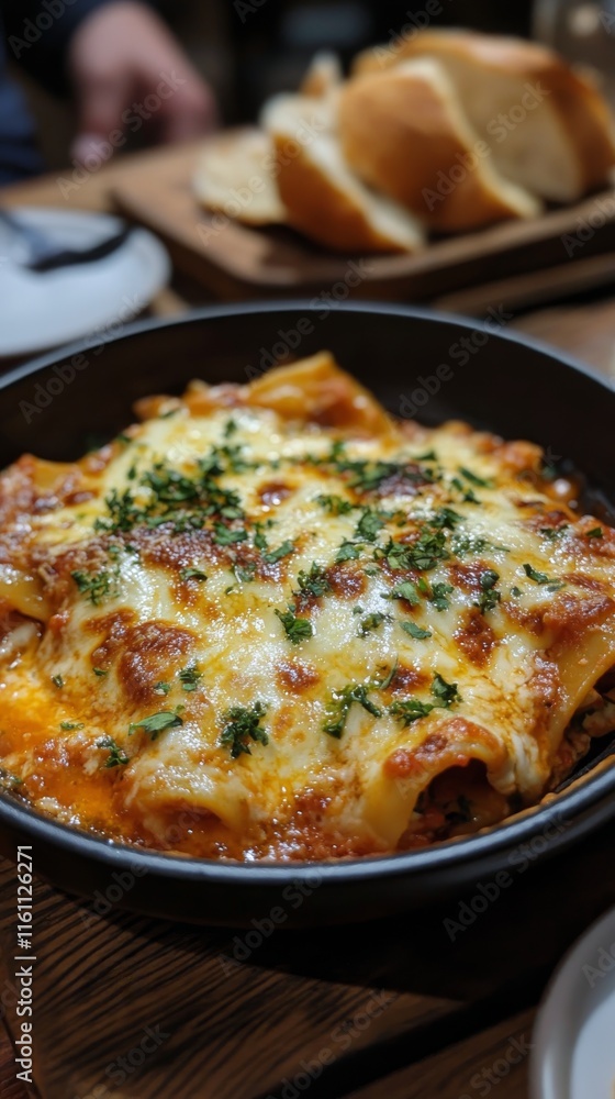 Homemade lasagna served on a dark plate with melted cheese and herbs atop, enjoyed during lunch