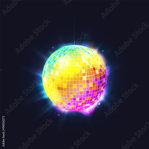 Disco ball vector illustration. Dancing retro sphere with glitter. Night club or holiday party, entertainment event discoball. Decoration circle shiny element for music. Round glass with reflection