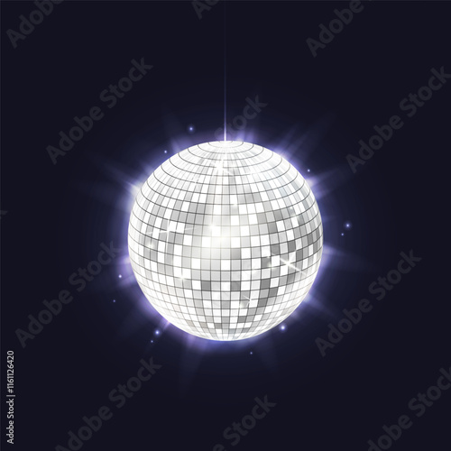 Vector shiny disco ball for night club. Party shining sphere for entertainment and celebration. Nightclub dj equipment with reflection. 90s or 80s globe for discotheque. Clubbing and nightlife holiday