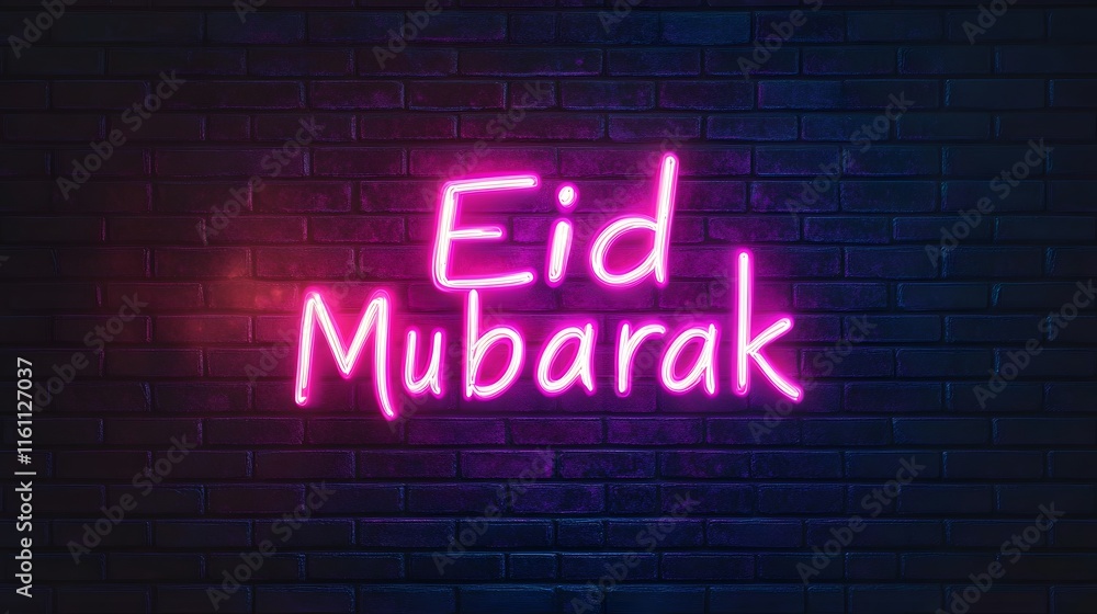 Bright pink neon Eid Mubarak lettering illuminating a dark brick wall, creating a modern festive aesthetic Bright pink neon Eid Mubarak lettering illuminating a dark brick wall, creating a modern festive aesthetic