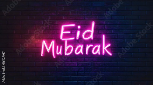 Bright pink neon Eid Mubarak lettering illuminating a dark brick wall, creating a modern festive aesthetic photo