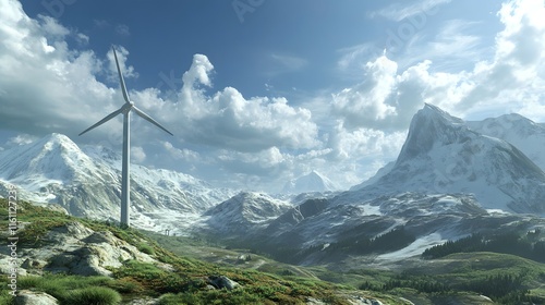 A breathtaking landscape featuring majestic mountains, lush greenery, and a modern wind turbine in harmony with nature, showcasing the balance between technology and the environmen