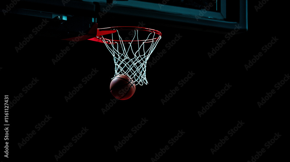 Basketball falling through hoop, view from below, sports photography Basketball falling through hoop, view from below, sports photography