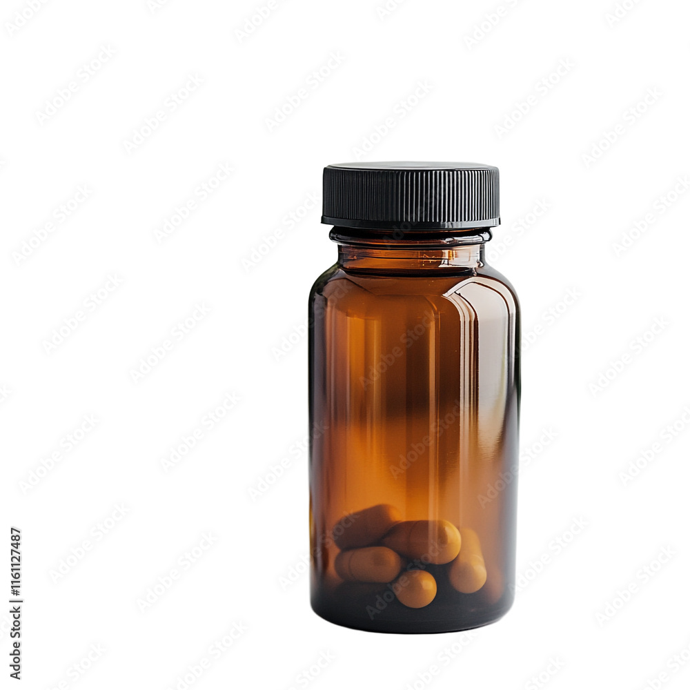 Amber Glass Bottle with Pills: Healthcare and Medicine Concept Amber Glass Bottle with Pills: Healthcare and Medicine Concept