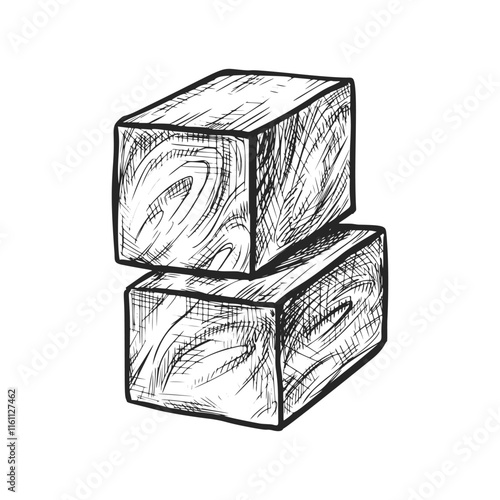 Vector wooden cube or chopped wood sketch. Hand drawn realistic polished lumber or hardwood drawing. Lumberjack material pile or woodpile drawing. Cut firewood bar element. Rough chump or tree piece