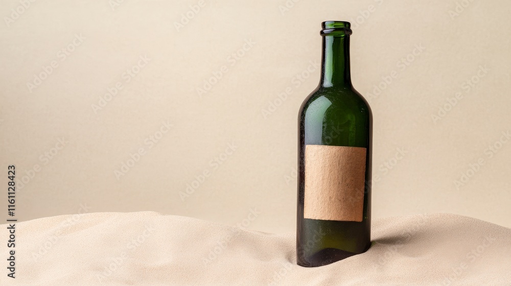 Green Glass Bottle With Blank Label On Soft Beige Surface Green Glass Bottle With Blank Label On Soft Beige Surface