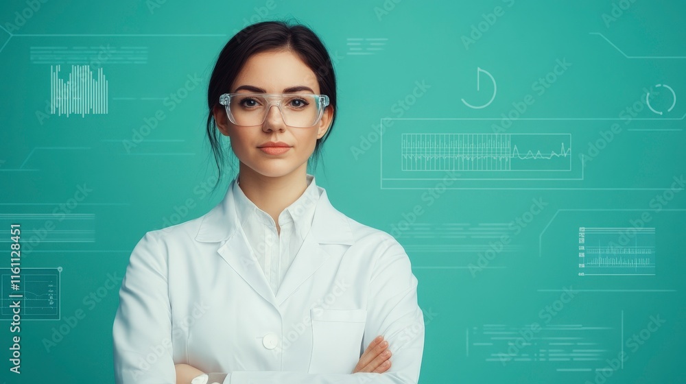 Confident Young Scientist in Lab Coat with Digital Background Confident Young Scientist in Lab Coat with Digital Background