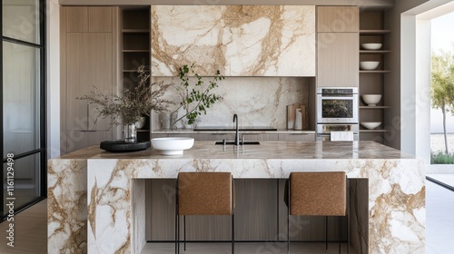 A contemporary kitchen featuring elegant marble countertops, natural stone accents, and earthy tones