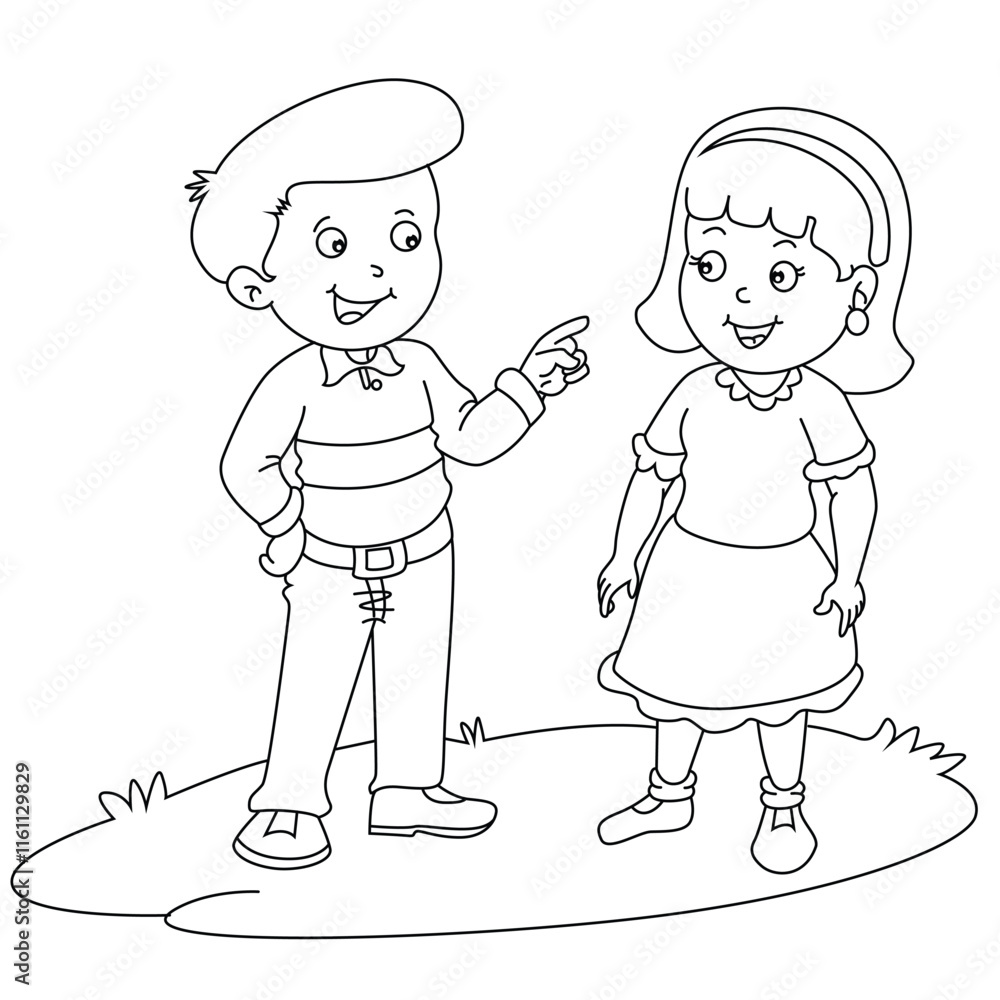 Cute cartoon hand drawn vector boy and girl coloring page. Cute cartoon hand drawn vector boy and girl coloring page.