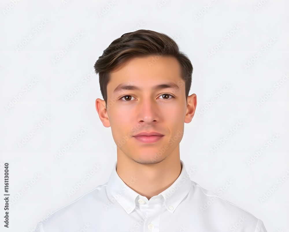 Headshot of a young man for official documents, clean-shaven, centered in the frame, plain white shirt, and white background with no distractions Headshot of a young man for official documents, clean-shaven, centered in the frame, plain white shirt, and white background with no distractions