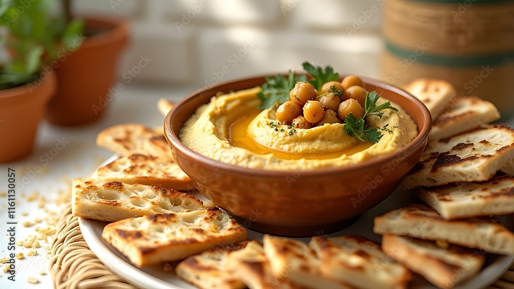 Golden Brown Creamy Hummus Bowl with Toasted Pita Bread and Chickpeas, Mediterranean Food Photography Golden Brown Creamy Hummus Bowl with Toasted Pita Bread and Chickpeas, Mediterranean Food Photography