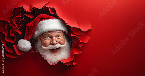 santa claus cheerfully peeking through a red paper wallpaper. Season greetings concept