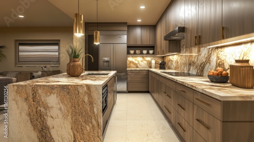 A contemporary kitchen featuring elegant marble countertops, natural stone accents, and earthy tones