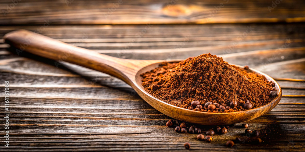 A wooden spoon with coffee powder resting on a rustic table, surrounded by natural textures and earthy tones. A wooden spoon with coffee powder resting on a rustic table, surrounded by natural textures and earthy tones.