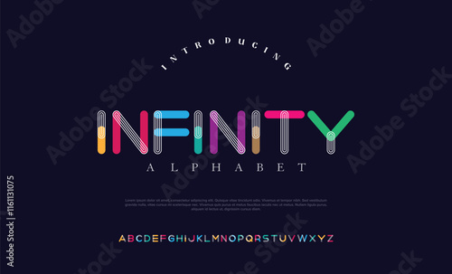 Stencil line font. Colorful condensed alphabet and font. Condensed bold uppercase stencil line letters. Type, typography letter latin font. Hand-drawn font for headline, text. Vector Illustration
