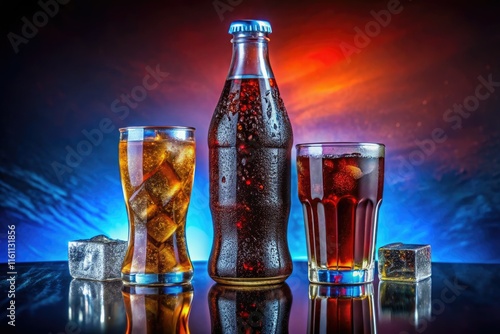 Crisp panoramic shot: cola bottle, can, glass, isolated.  High-resolution beverage photography showcasing a refreshing carbonated drink. photo