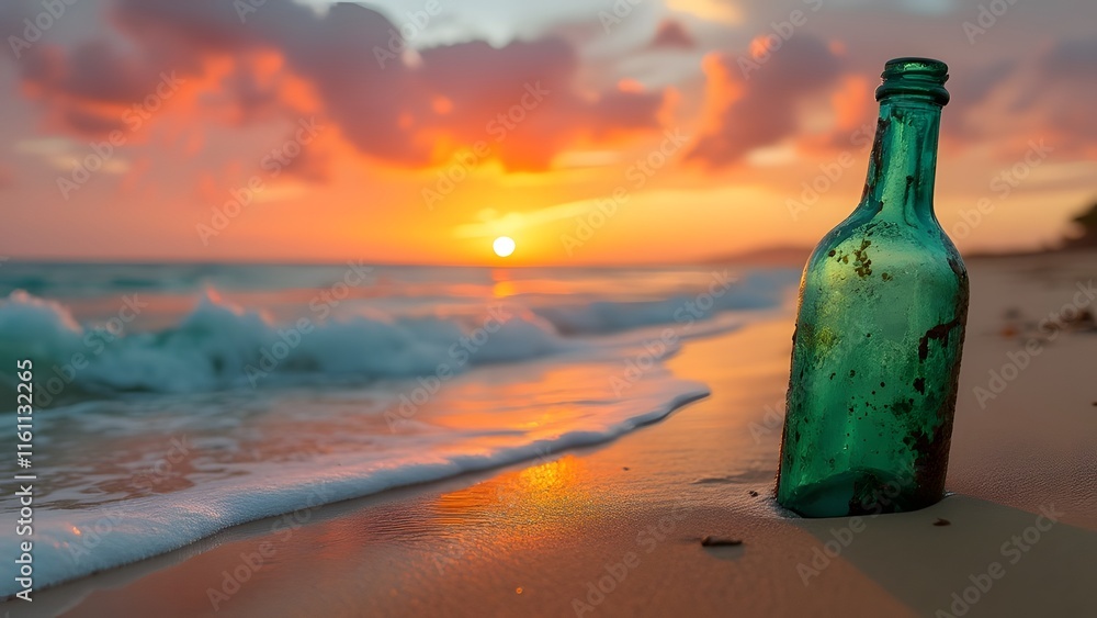 Serene Sunset Seascape, Weathered Emerald Glass Bottle on Golden Sandy Beach Serene Sunset Seascape, Weathered Emerald Glass Bottle on Golden Sandy Beach