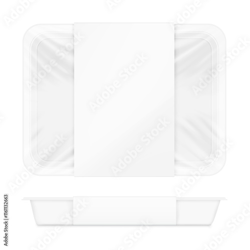 Clear tray container with label mockup. Vector illustration isolated on white background. Layered template file easy to use for your promo product: meat of animals, chicken, fish. EPS10.
