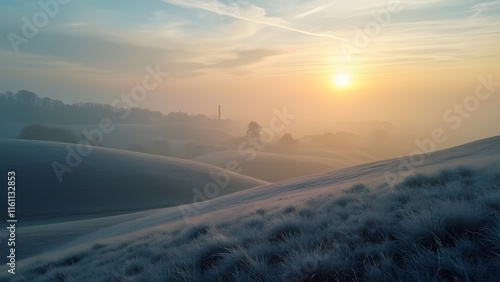 Serene Silver-Gray Hills at Dusk, Aerial View of Frosty Landscape with Golden Sunrise