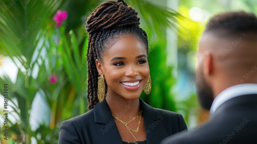 A radiant woman in a black blazer with braided hair and golden earrings smiles warmly during an outdoor professional event. A radiant woman in a black blazer with braided hair and golden earrings smiles warmly during an outdoor professional event.