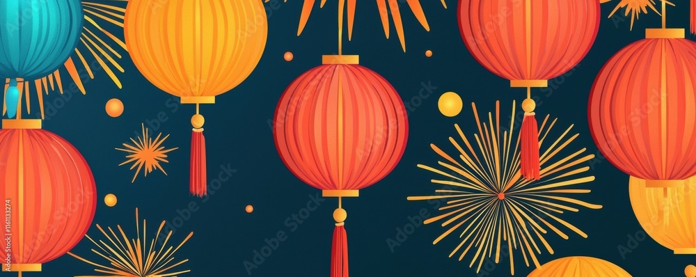 Chinese New Year theme background. Colorful lanterns and fireworks create a festive atmosphere against a dark background. Chinese New Year theme background. Colorful lanterns and fireworks create a festive atmosphere against a dark background.