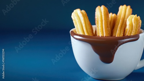 Delicious golden churros dipped in rich melted chocolate served in a white cup on a vibrant blue background.