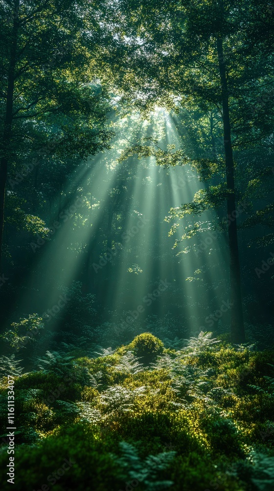 Naklejka premium Sunbeams Illuminating a Lush Forest Floor