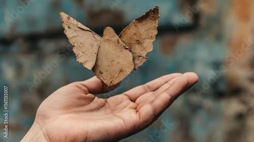 Humanitarian, A hand holding a frayed paper dove, symbolizing peace and hope, captured in a detailed image perfect for creative projects. photo