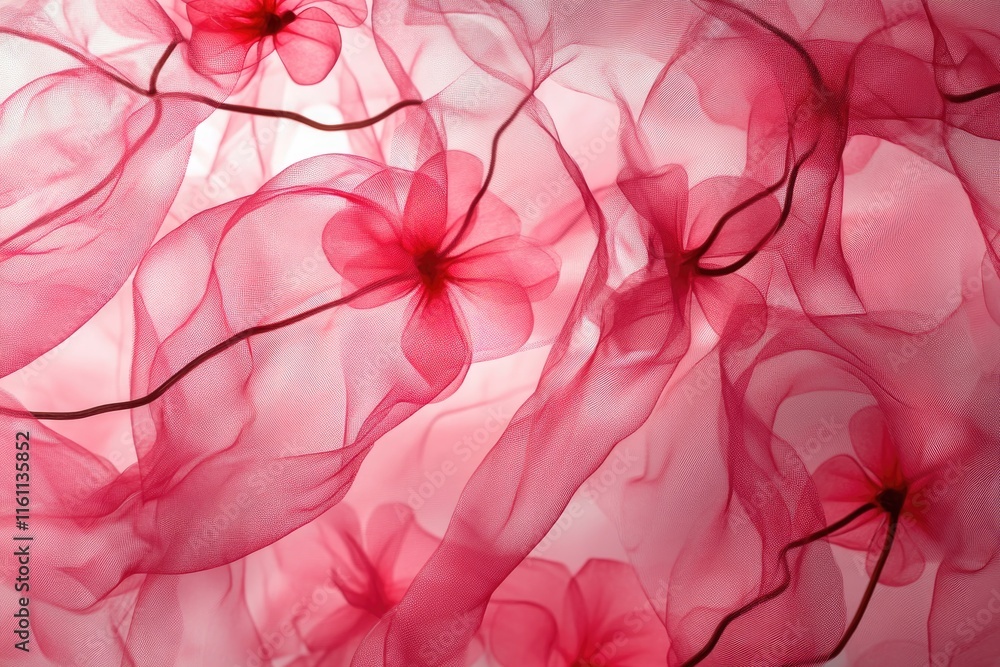 Delicate pink fabric flowers woven in sheer netting Delicate pink fabric flowers woven in sheer netting