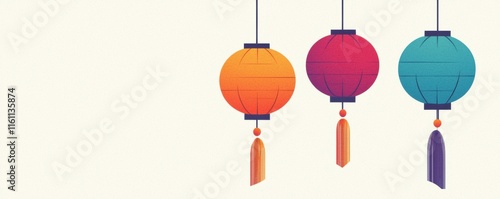 Chinese New Year theme background. Colorful hanging lanterns in vibrant shades against a light background.
