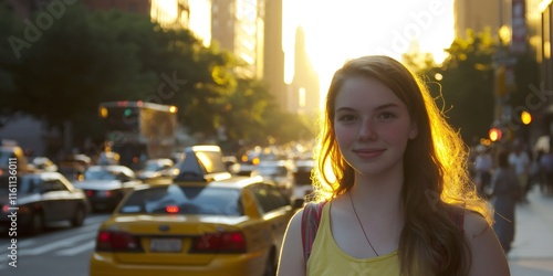 Smiling young woman with long brown hair enjoying golden hour sunlight on a New York City street filled with yellow cabs