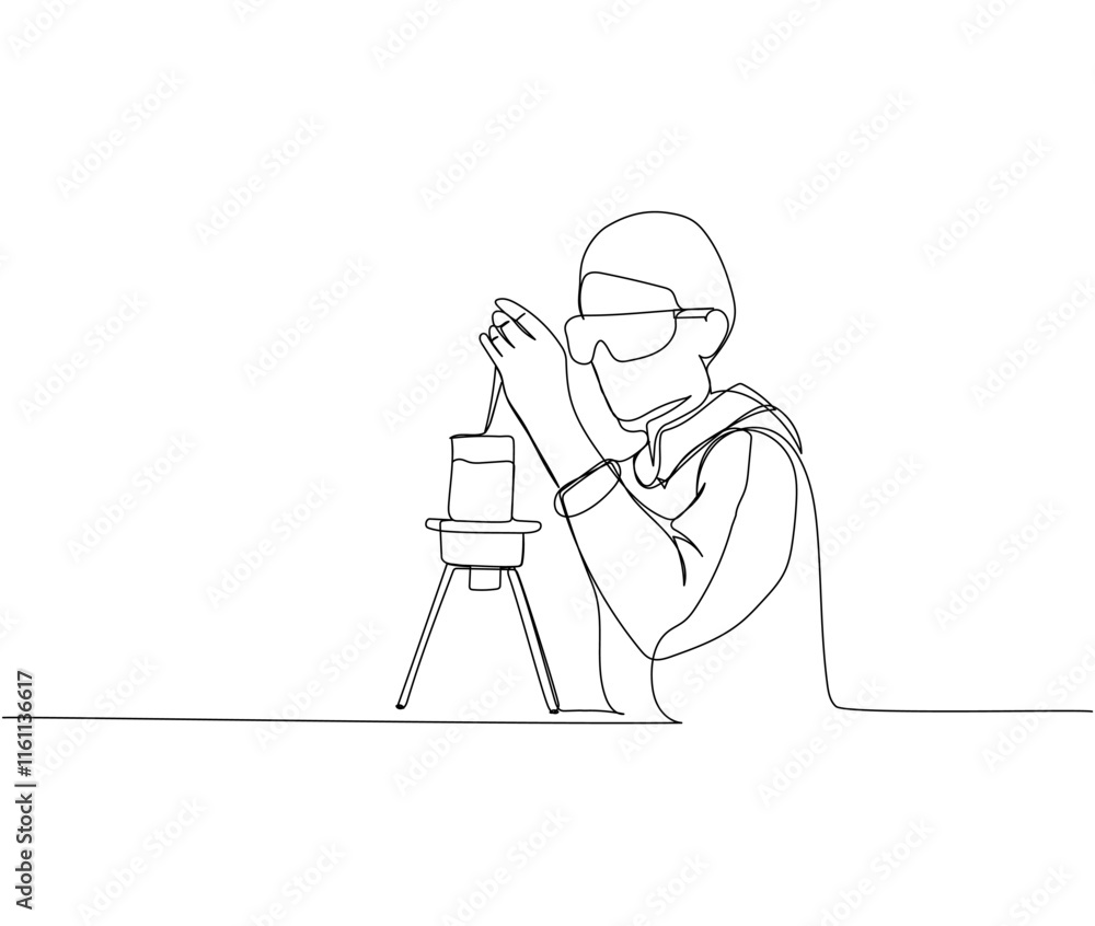 Φωτογραφία the teacher explains the material, mixes the chemical reagents, the student takes the exam one line art
